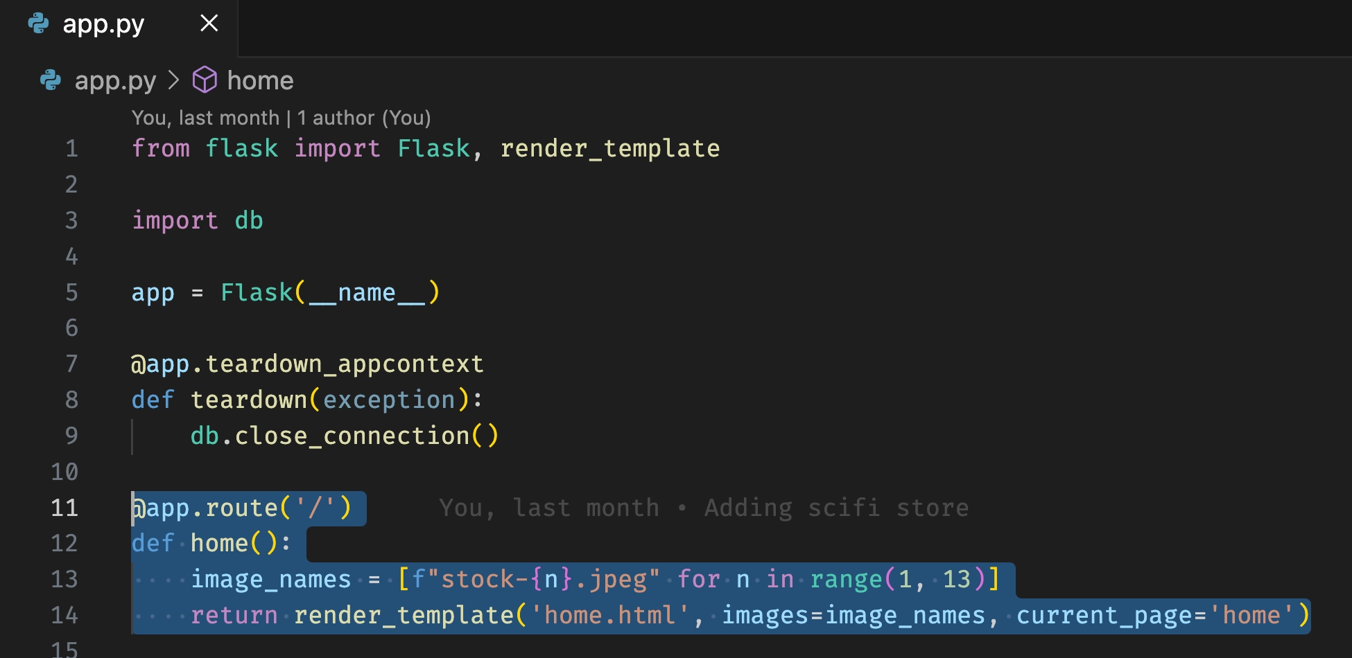 A screenshot of VS Code with a Python function selected